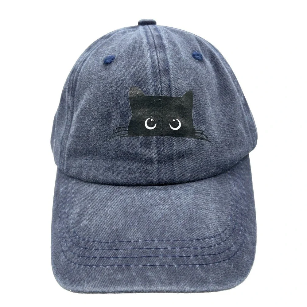 Peeking Black Cat Denim Hat Acid Wash Blue Grey Novelty Unstructured Dad Cap